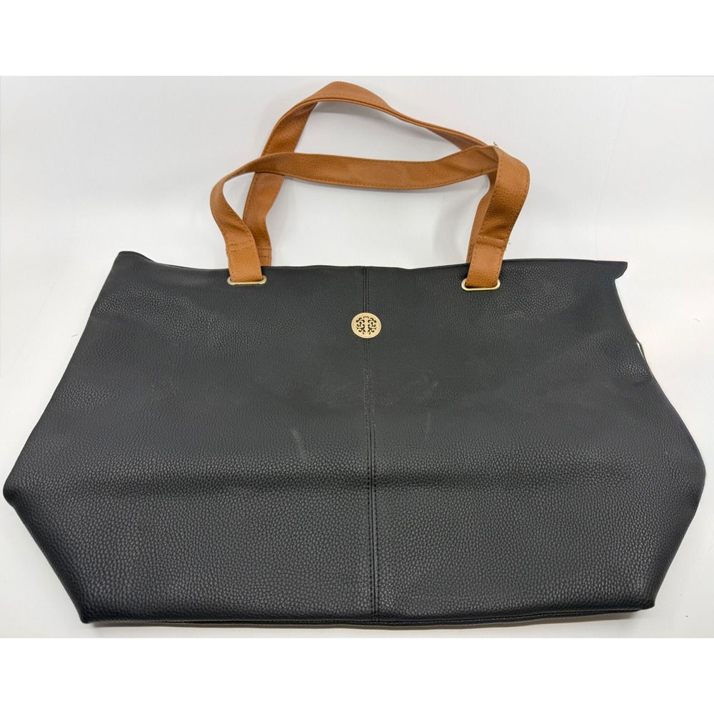 Black Pebbled Faux Leather Tote Bag Tan Straps Gold Medallion Accent Large